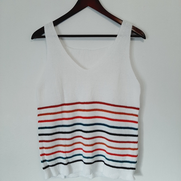 White V-Neck Sleeveless Knit Sweater with Colorful Stripes - Picture 2 of 10